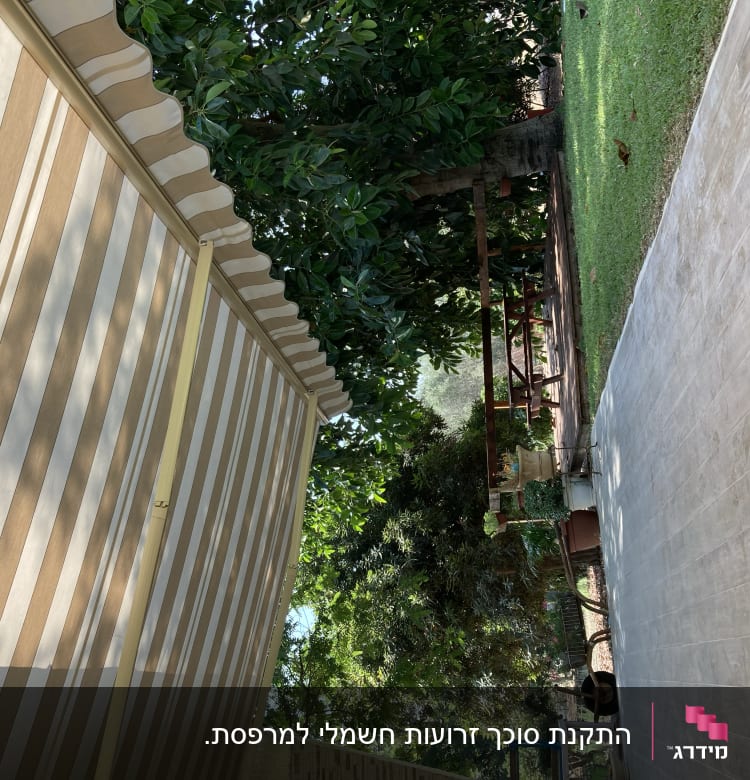סוכך פסים חום ולבן ליד גינה ירוקה